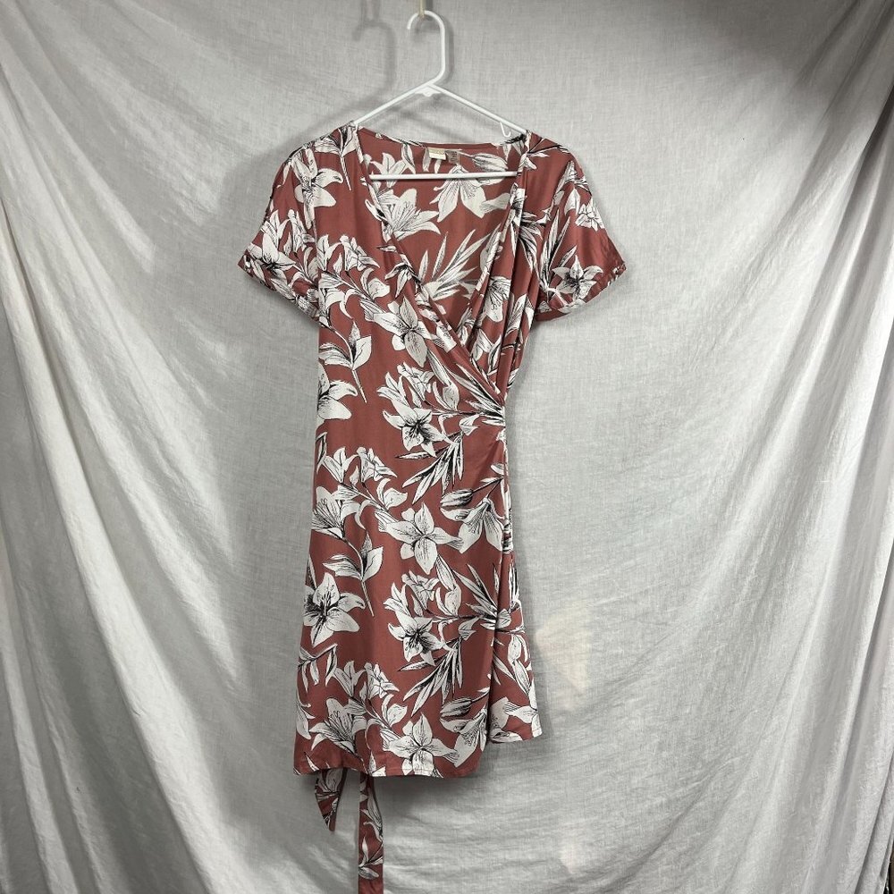 Roxy Floral Wrap Dress Cap‎ Sleeves Womens 4 Waist Tie Mauve Indie Low Neckline